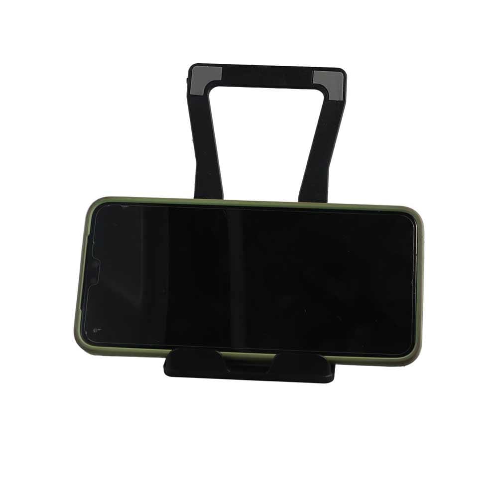 support de téléphone et tablette de bureau réglable en plastique noir tenant un smartphone avec une coque vert olive.
