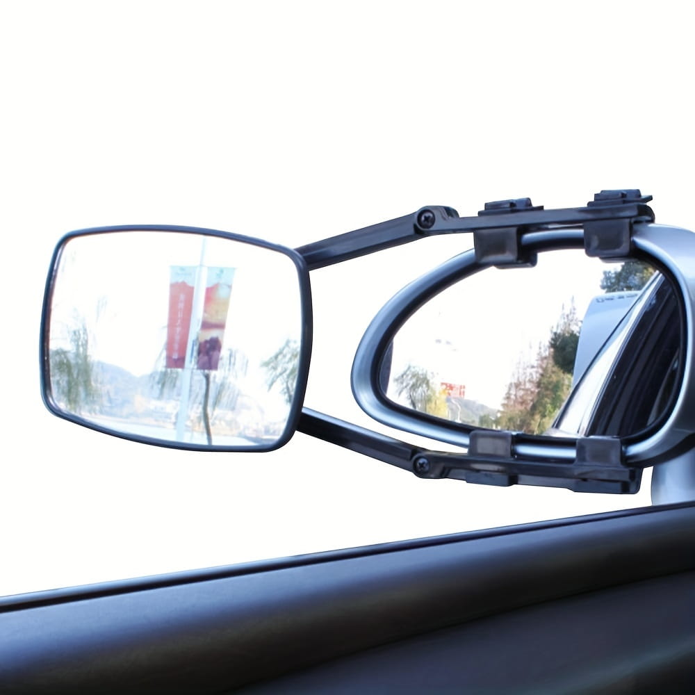 Clip de plástico negro para la extensión del retrovisor de enganche, para autocaravanas y camiones, con dos superficies reflectantes, mostrado desde el lado posterior.