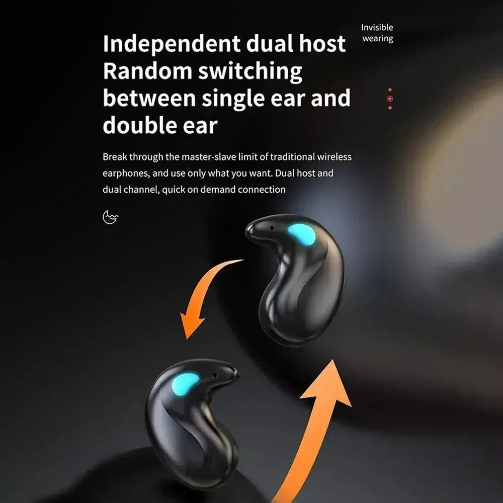 black wireless sleeping earbuds bluetooth 5.3 mini headphones with sleek ergonomic design and glowing blue accent lights