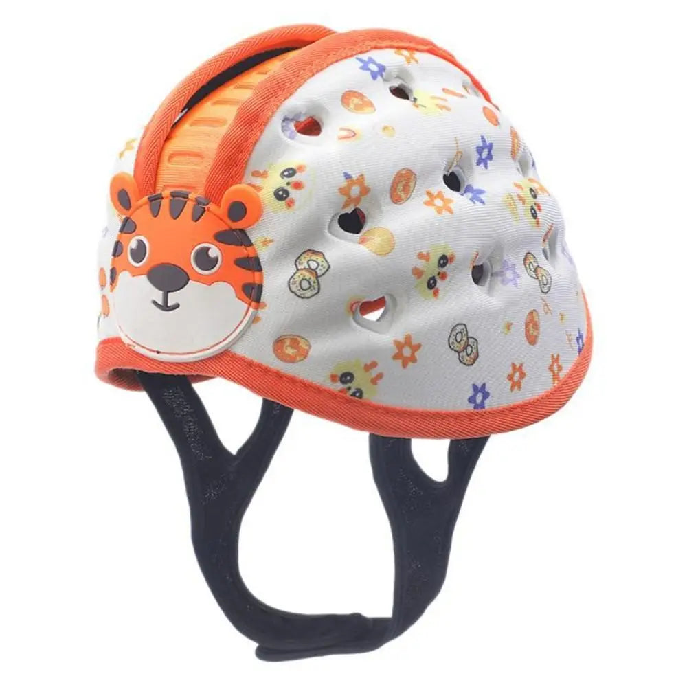 Casco de seguridad para niño pequeño color blanco con ribete naranja, con un diseño de rostro de tigre lindo, estampados de animales coloridos y orificios de ventilación para una protección transpirable de la cabeza