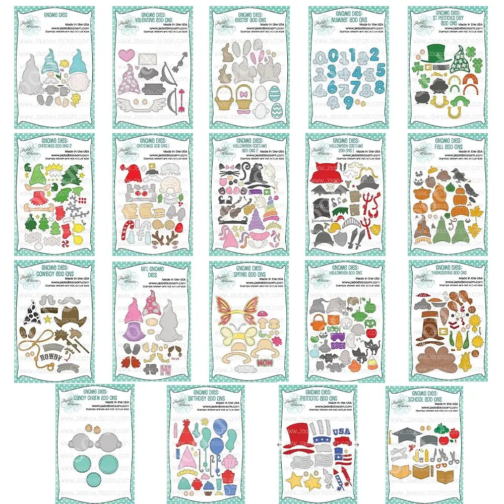 Troqueles de corte metálico y sellos de duende de San Valentín que presentan plantillas de corte con temática festiva coloridas y elaboradas, con formas caprichosas de muñecos de nieve en diversos patrones y colores.