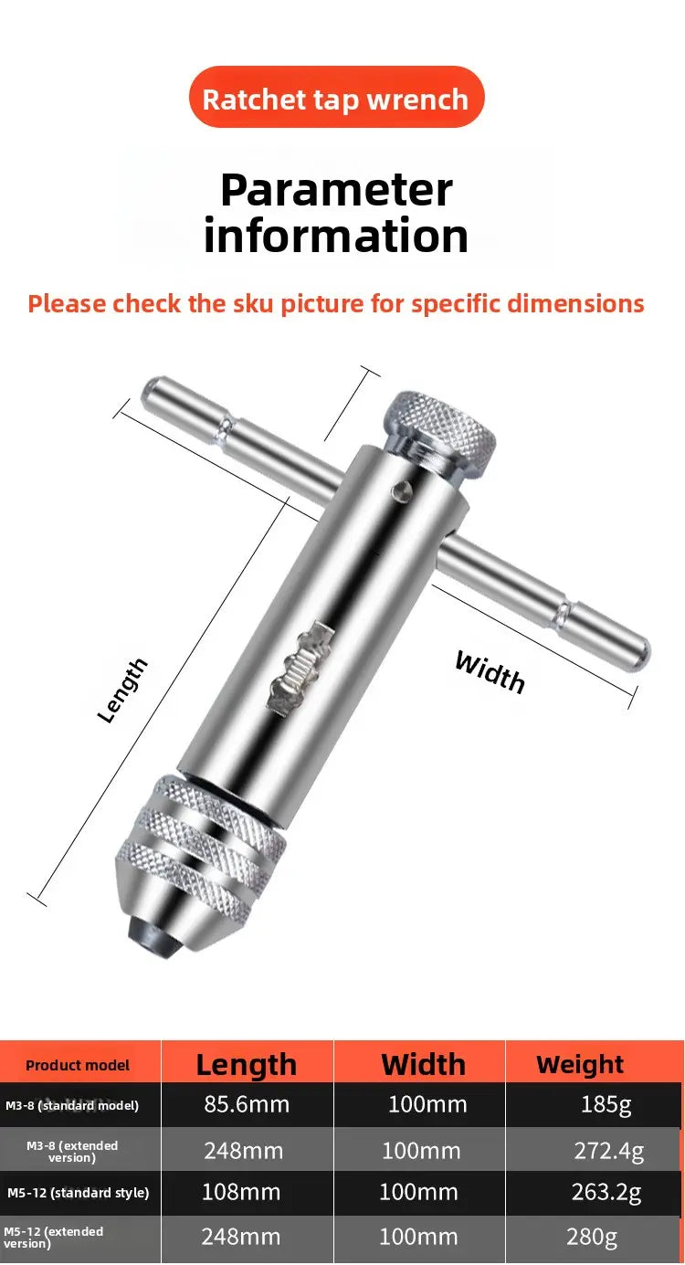 Silver metallic ratchet tap wrench with textured grip and threaded ends from tap and die set thread cutting tool kit.