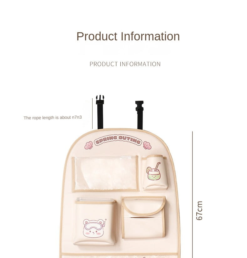 Organizador para el asiento trasero del coche en beige con diseños de dibujos animados adorables y múltiples compartimentos para el almacenamiento y la organización.