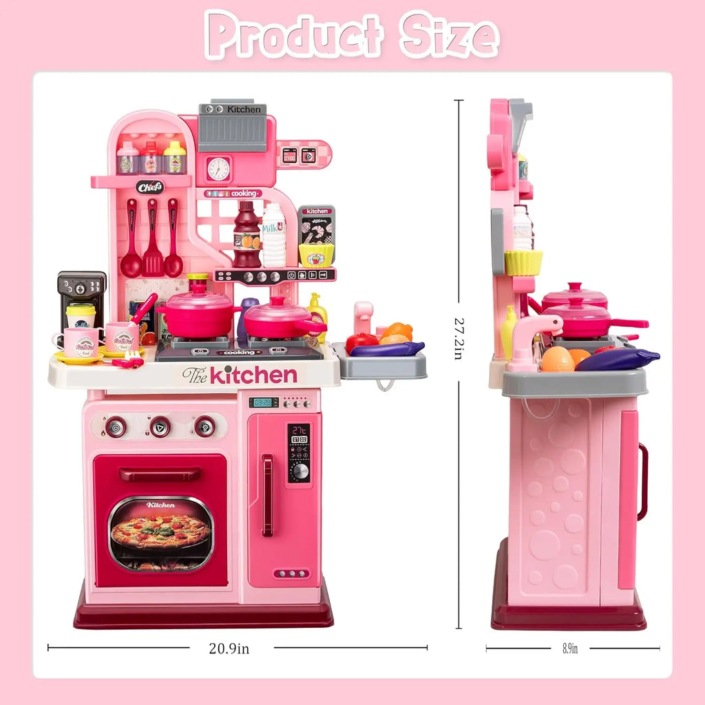 Simulated Kitchen Playset with Lights Sound Spray Steam, Kids Pretend Cooking Toy, Tableware Sink Set, Gift for Boys Girls