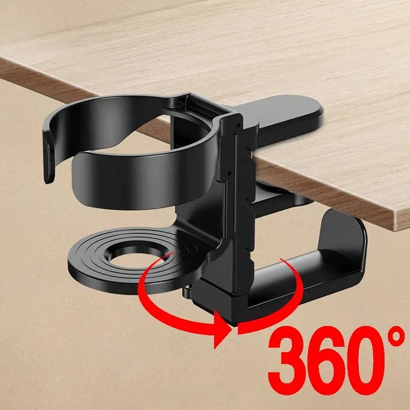 black plastic 360-degree rotating desk cup holder with headphone hook designed for organizing workspace accessories