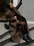 Women Elegant Shoulder Pad Wool Blend Overcoat Brown Lapel Single-Breasted Long Sleeve Coat 2025 Autumn Lady Commuter Outerwear