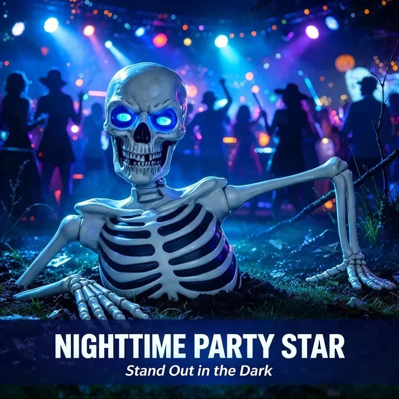 Halloween Half Skeleton Decor Prop, Fake Bones Featuring Blue Glowing Eyes Scary Ornament Garden Lawn Cemetery Indoor Party Gift