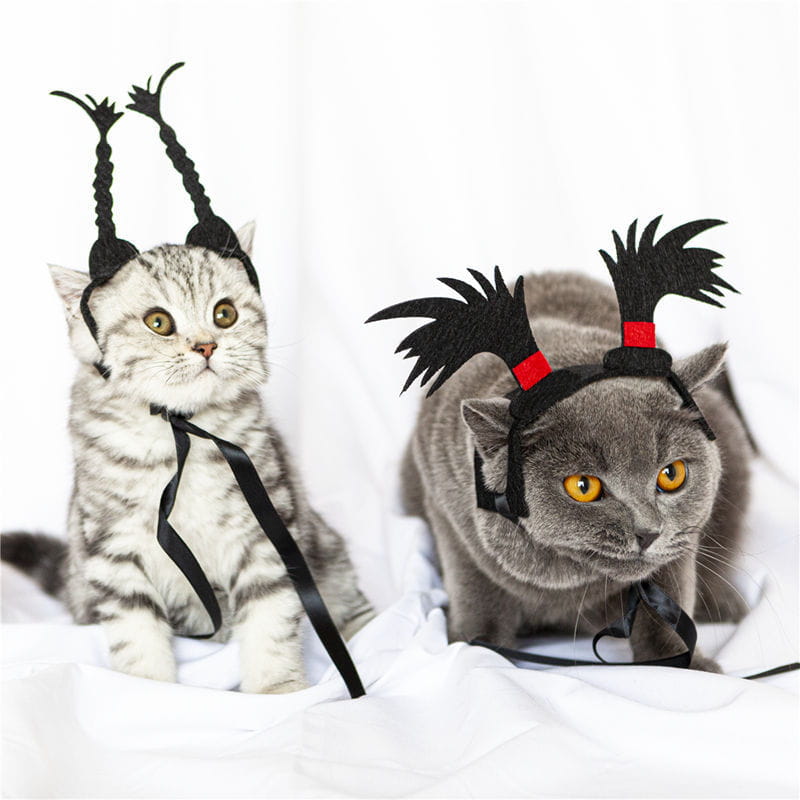 猫と犬向けの面白いペットコスチューム用ヘッドウェアとしての、赤いアクセントバンド付き黒いフェルト製アンテナ風ヘッドバンド。