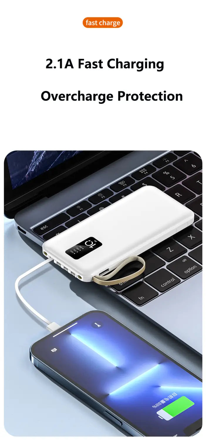Weiße rechteckige Powerbank mit beigem Stoffgurt und schwarzer digitaler Anzeige, kompatibel zum Laden von Geräten und für verschiedene Modelle.