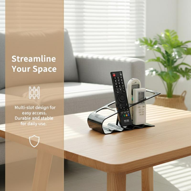 Modern black acrylic remote control organizer desktop storage rack with sleek curved design.