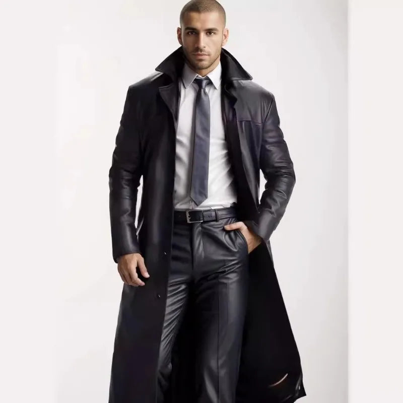 New Spring Men's Faux Leather Clothing Fashion Suit Collar Casual Versatile Over-the-Knee Leather Jacket PU Coats