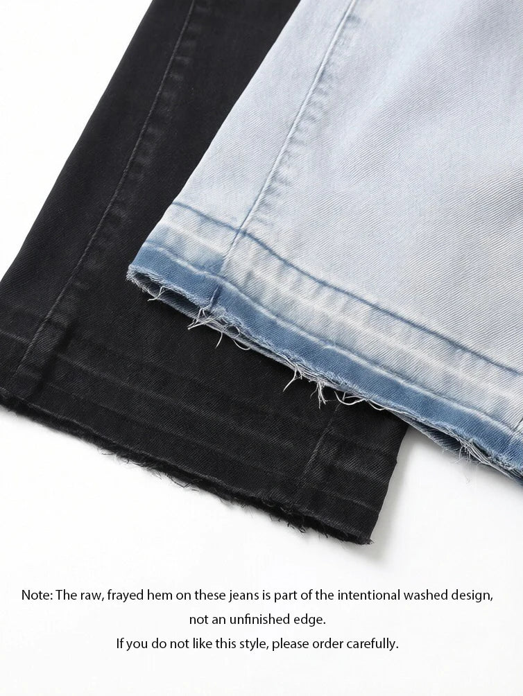 Men Pants Jeans Clothing Denim Trousers Men's Black Washed Frayed Hem Flared Bootcut Denim Jeans