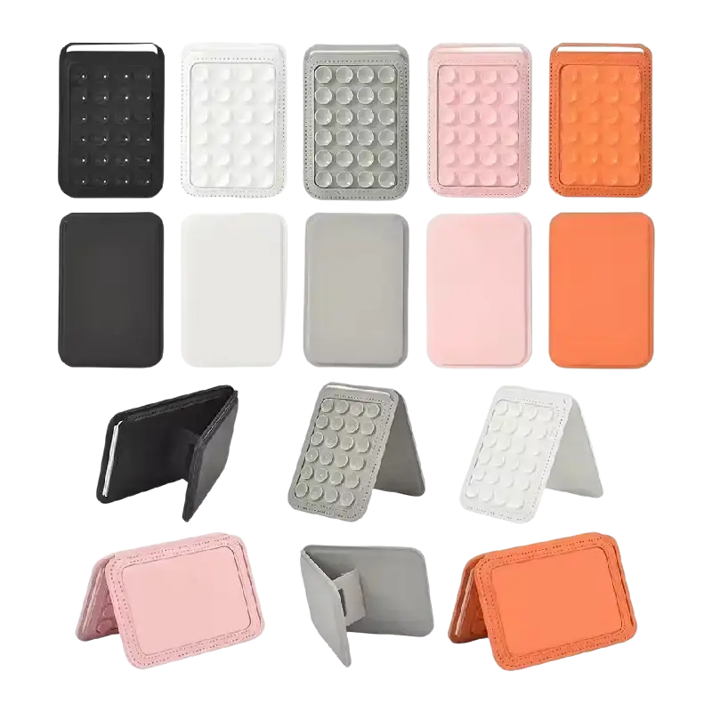 A black foldable magsafe magnetic card holder phone stand with textured surface and stitched edges front view
