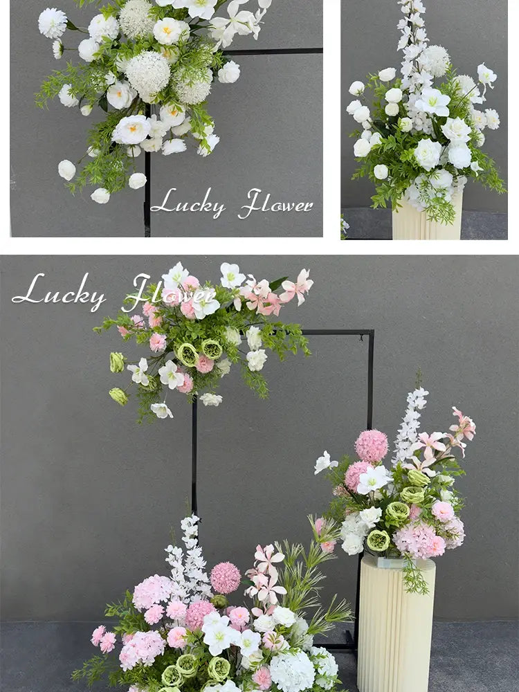Elegant cream-colored fluted vase holding a lush arrangement of white pink and green artificial flowers for artificial flowers wedding arch floral backdrop row.