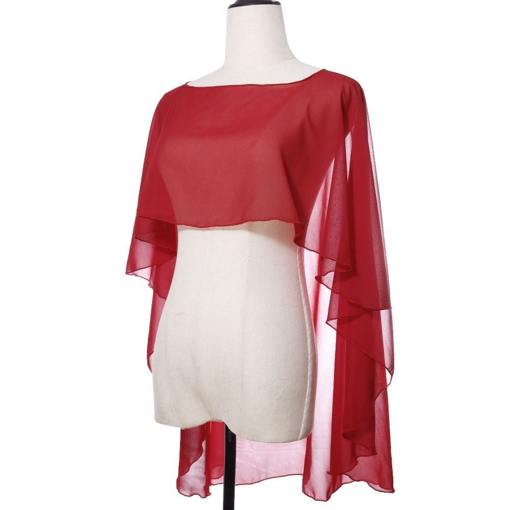 Rote transparente Chiffon-Hochzeitscape mit mehrlagigen, fließenden Ärmeln und hoher-niedriger Saumlinie, von der Rückseite gezeigt, entworfen als Sonnenschutz-Wickelshawl.