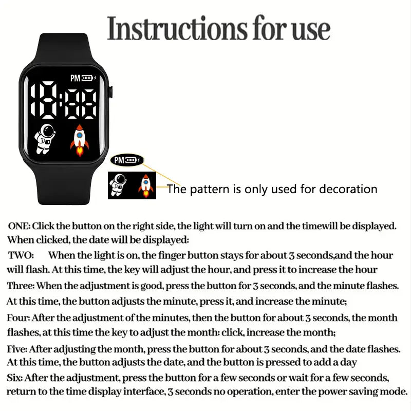 Montre électronique noire pour enfants, garçons et filles, avec affichage LED d’astronaute et de fusée sur bracelet noir, conçue comme une montre numérique de type sport.