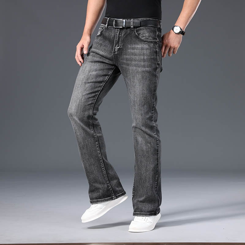 Mens micro flared denim jeans casual pants in dark gray denim with a faded wash and straight-leg cut.