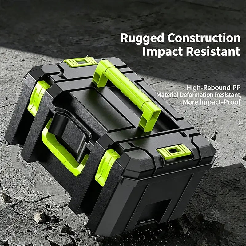 Modular stackable tool storage box in black and neon green made from rugged high-rebound pp material for enhanced impact resistance.