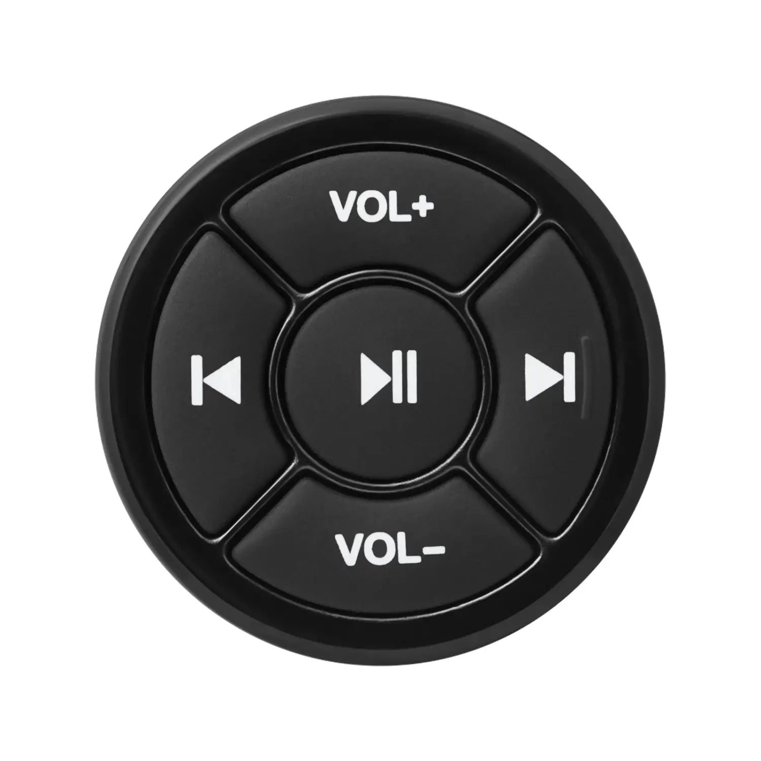 black circular wireless steering wheel bluetooth media remote control button featuring white volume up volume down play pause and skip icons for car audio management