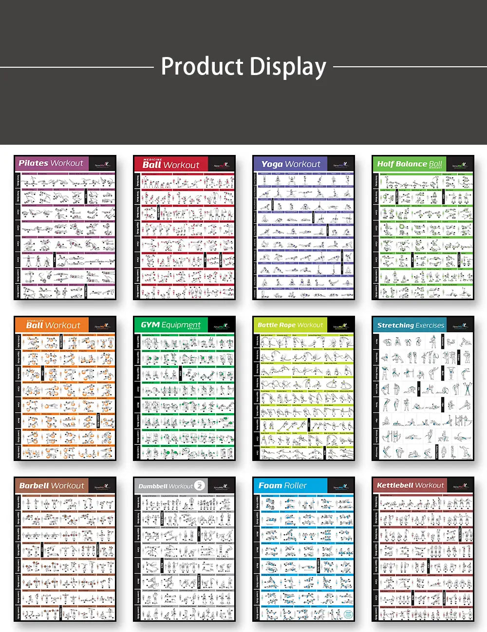 Set of ten colorful pilates exercise chart canvas wall art posters featuring workout instructions for pilates yoga and fitness routines.