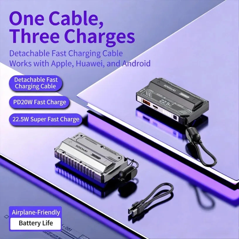 New Portable Fast Charging Removable Lithium Battery 22.5W Super Power Bank 5000 Comes with Cable Mobile Power Bank
