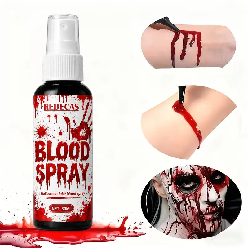 Redecas spray de sangre falsa para Halloween de 30 ml en un frasco negro con tapón blanco y diseño de salpicaduras rojas, con sangre falsa lavable para uso en Halloween.