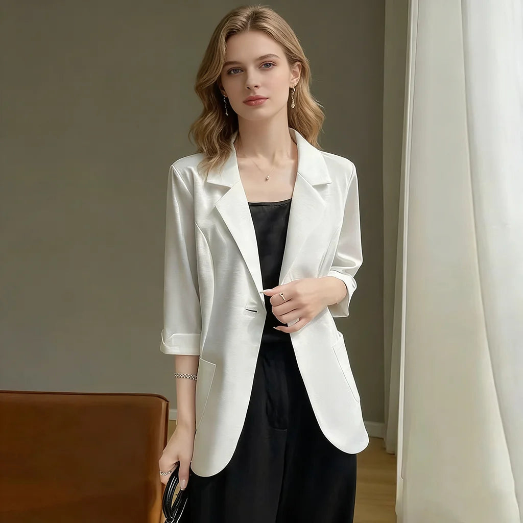 Women White 3/4 Sleeve Blazer Elegant Office Business Suit Jacket Loose Pocket Formal Workwear Ladies Casual O
