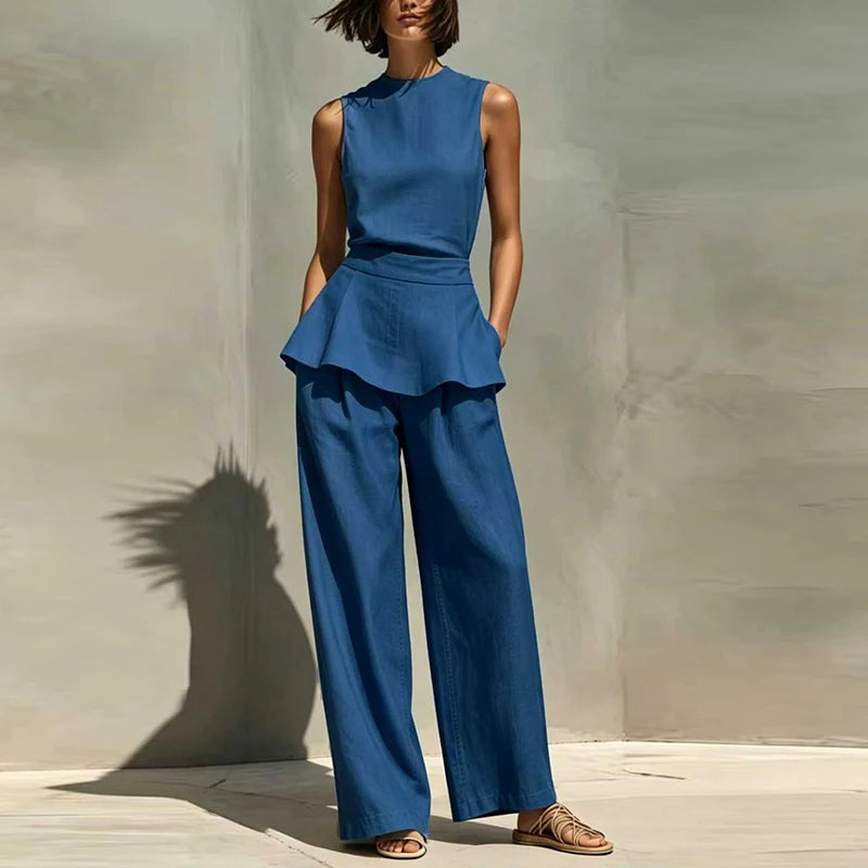 Office Lady Outfits Women Fashion Two Piece Set Summer Sleeveless O Neck Vest Sleeveless Shirt High Waist Pants Suit Work Wear