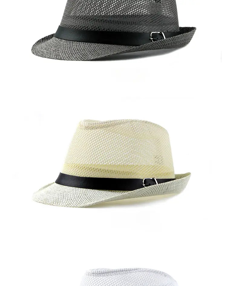 Gray and cream-colored linen fedoras with black satin bands designed as sun hats for beach and summer use.
