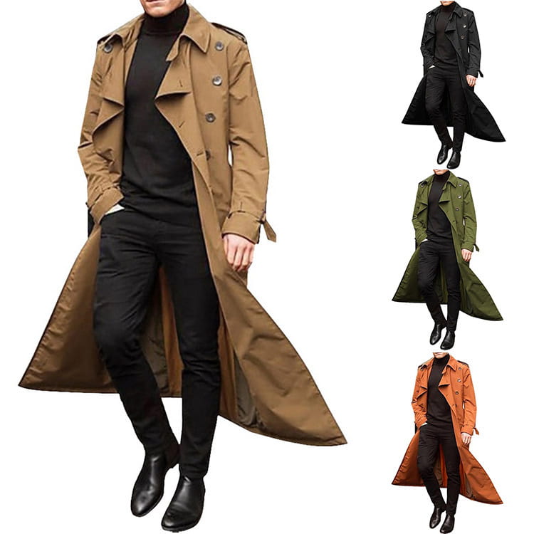 Herren-Langmantel aus Khaki mit klassischem Doppelreiher-Design und Schulterklappen für Business-Casual-Kleidung