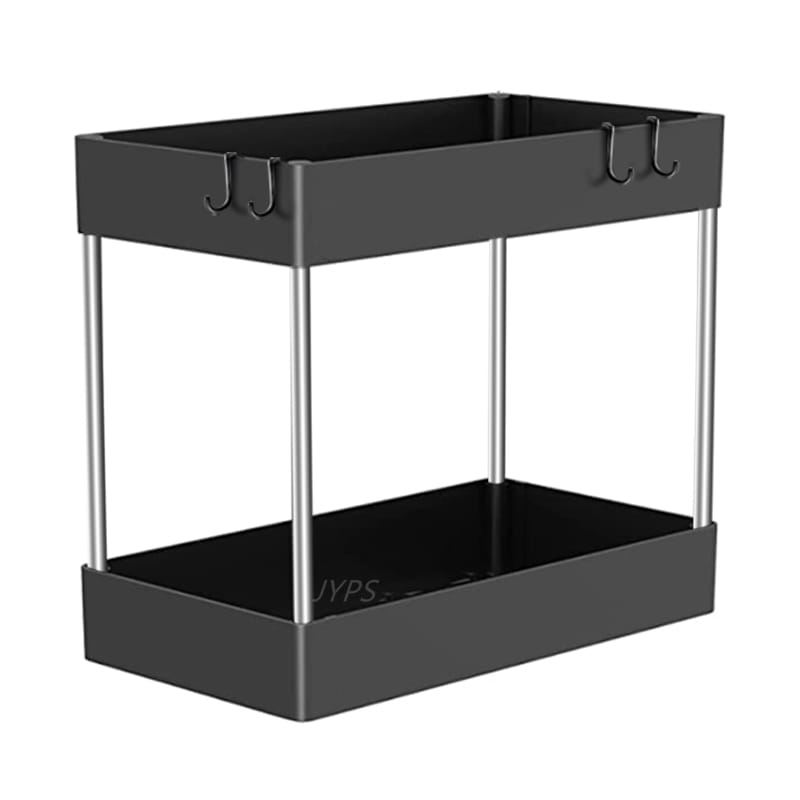Rangement noir à deux niveaux en métal, avec supports verticaux argentés et crochets sur l’étagère supérieure, conçu comme organisateur d’évier pour le rangement de placard de cuisine et de salle de bain.