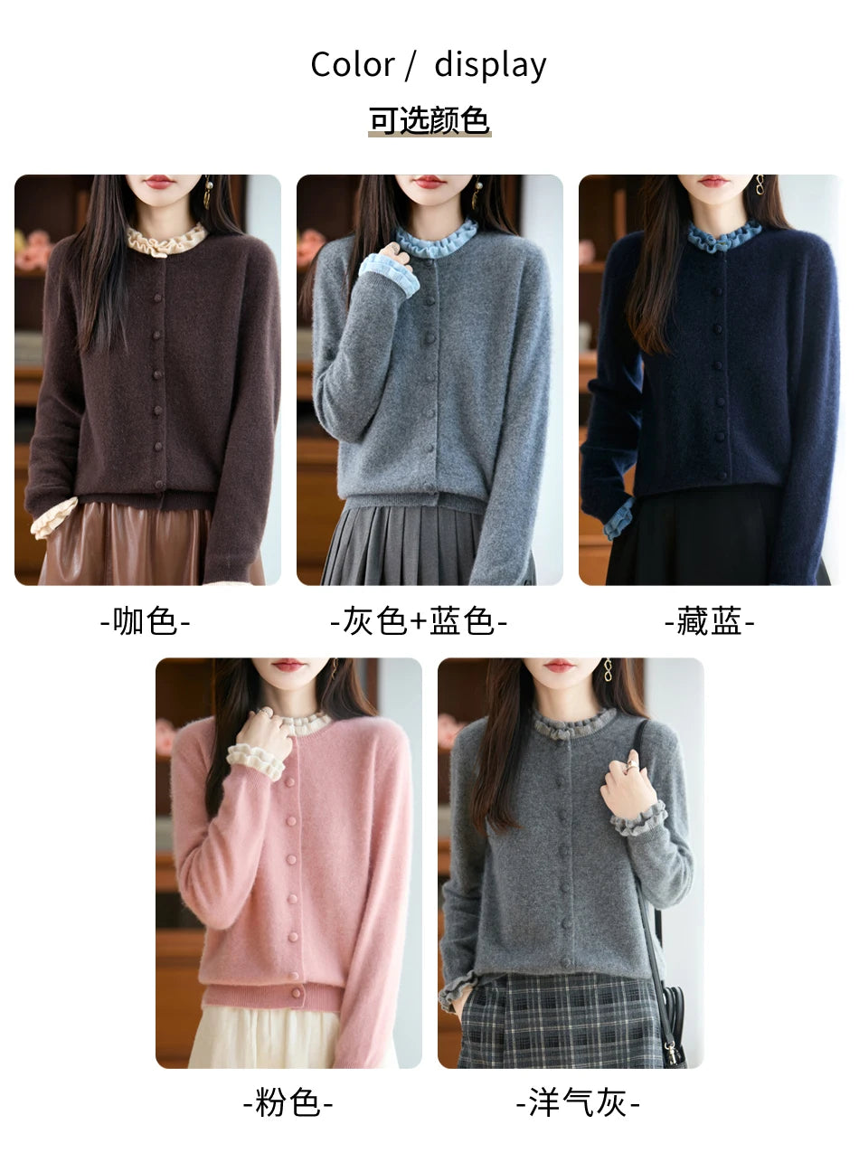 Fashion Women Wool Cardigan Sweater Soft Grace Fringe collar 100% Merino Wool Knitwear Female Spring Autumn Winter Clothes Tops