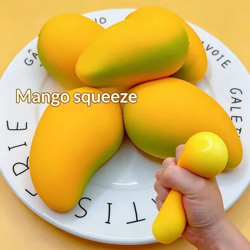jouets antistress souples en forme de mangue, jaune et verte, vus de face, pour soulagement du stress et utilisation lors d’une fête d’anniversaire