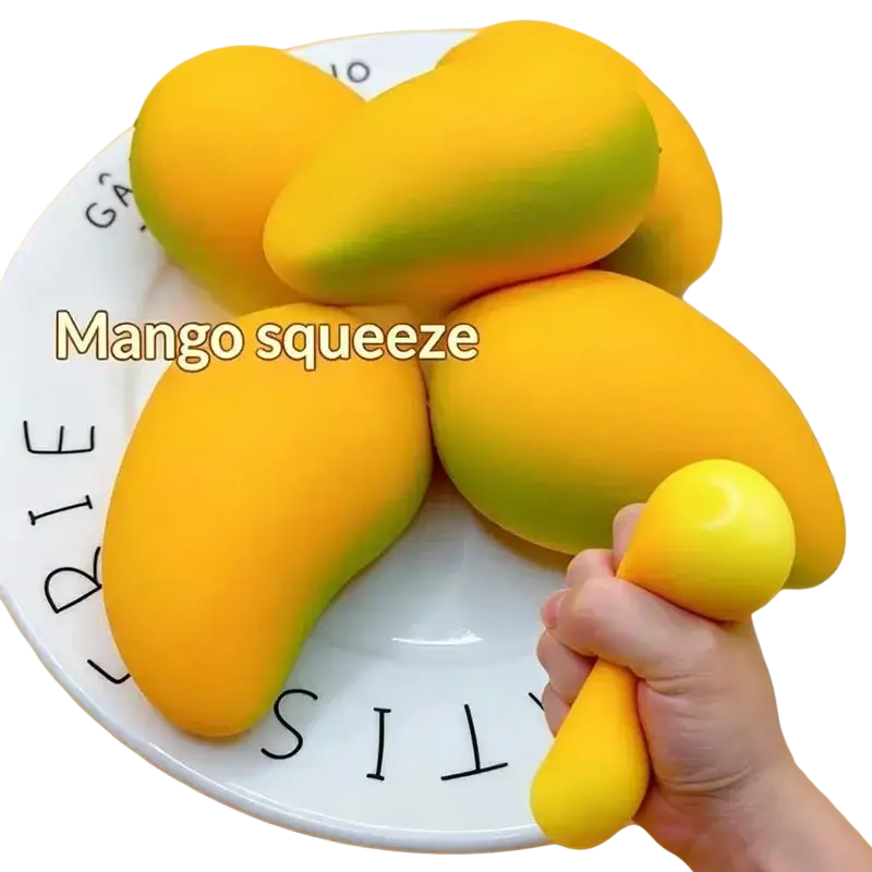 Yellow and green mango-shaped slow rising squishy toys for stress relief and birthday party gifts visible from front angle