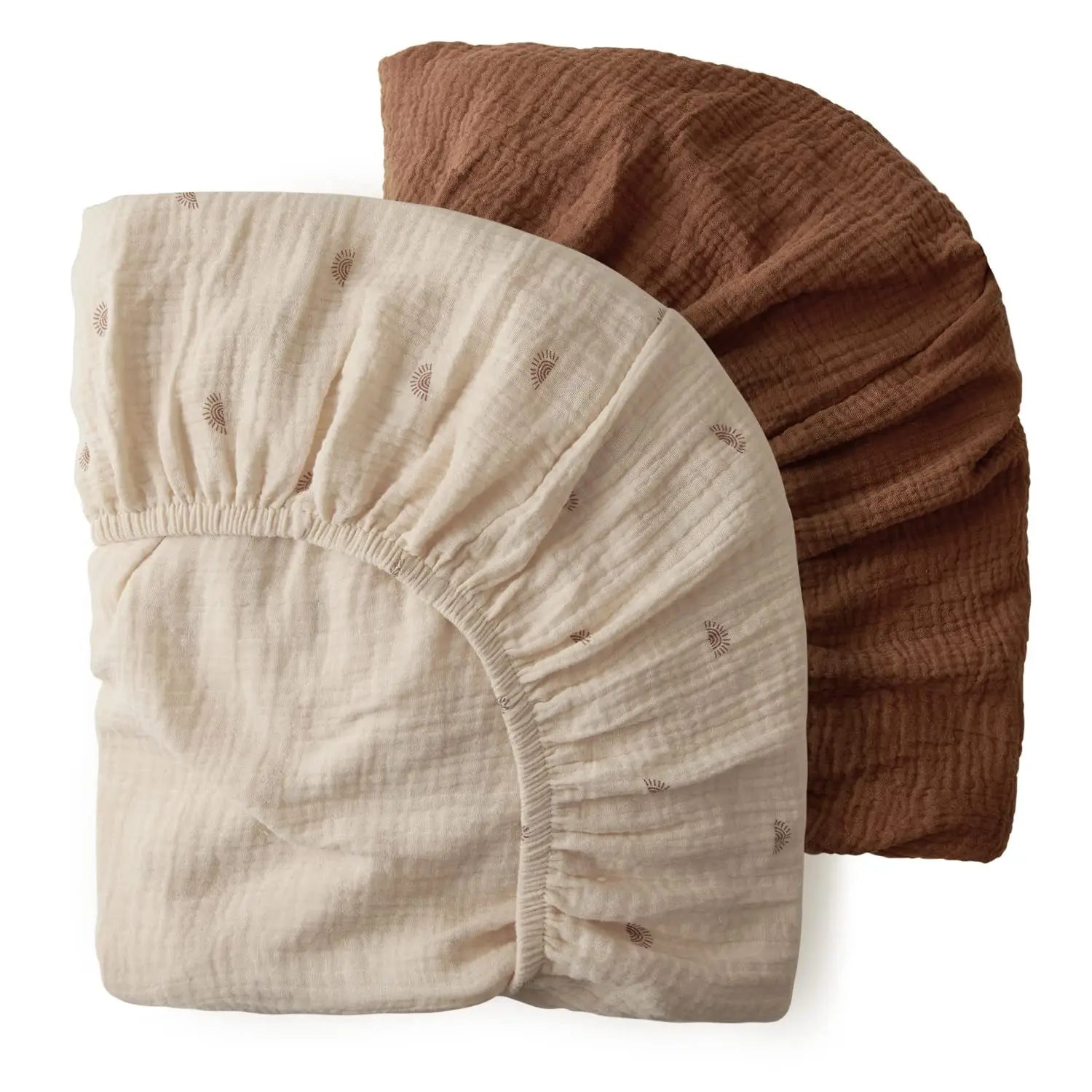 Babybettlaken-Set aus beigem und braunem Baumwollmuslin mit dezentem Sunburst-Stickereimuster für die Babyausstattung.