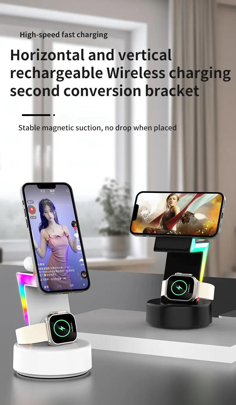 White wireless charging 3 in 1 RGB stand with magnetic suction design featuring vertical and horizontal slots for smartphones and smartwatches offering optimized wireless charging output power.