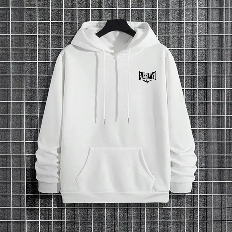 Men everlast logo hoodie fleece casual pullover in white featuring a black logo on the chest and matching drawstrings.