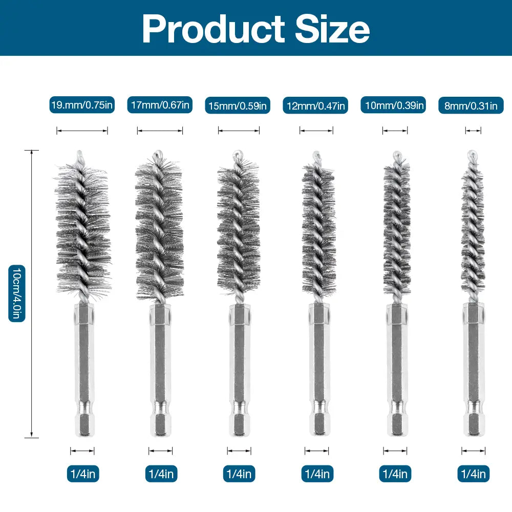 Set of six stainless steel wire bore brushes with spiral design and clear plastic handles in varying diameters.