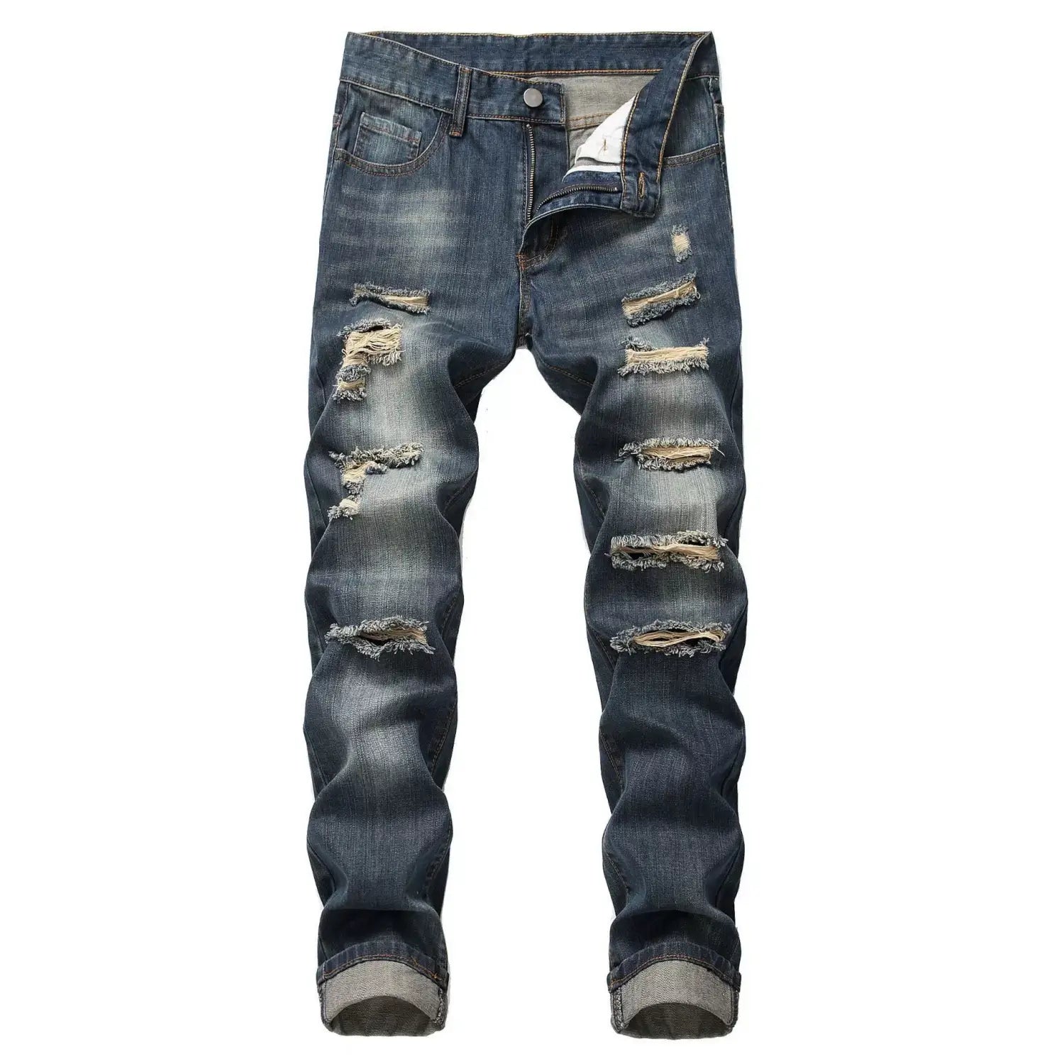 Dark blue distressed straight denim jeans for men featuring multiple frayed tear patches and rolled cuffs.