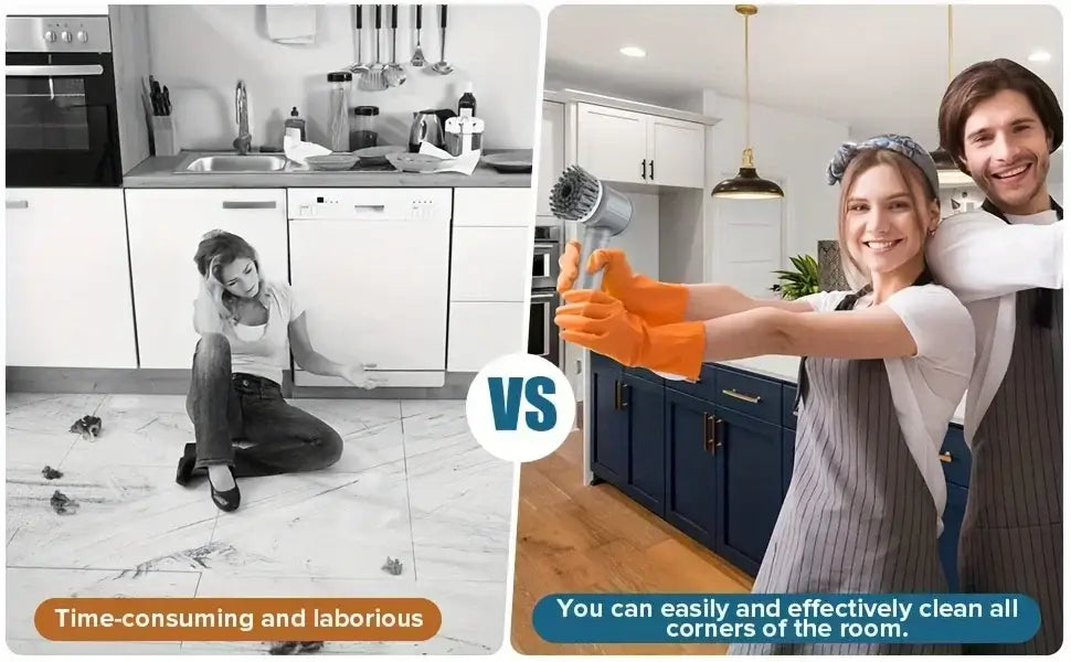 A lifestyle image showing a couple using a white cordless electric spin scrubber with five replaceable brush heads on the right and a black and white image of a woman kneeling among debris labeled time-consuming and laborious on the left.