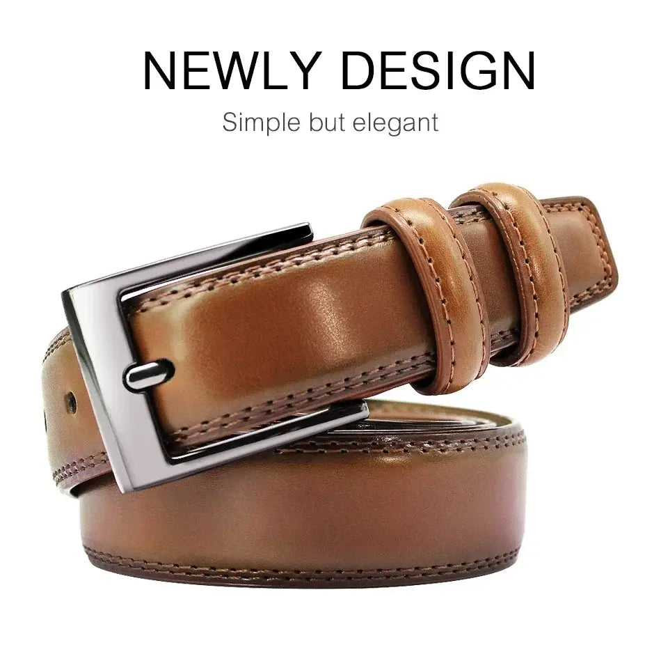 Brown leather genuine leather men reversible belt with a sleek silver buckle and precise stitching.