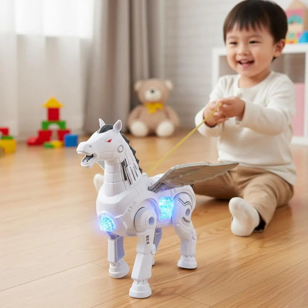 White interactive robotic walking pegasus toy with glowing blue lights and metallic wings.
