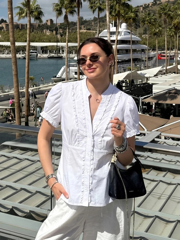 HH Casual Women's Layered Embellished Poplin Shirt Summer Female Chic V-Neck Striped Puff Sleeve Single Breasted Short Blouse