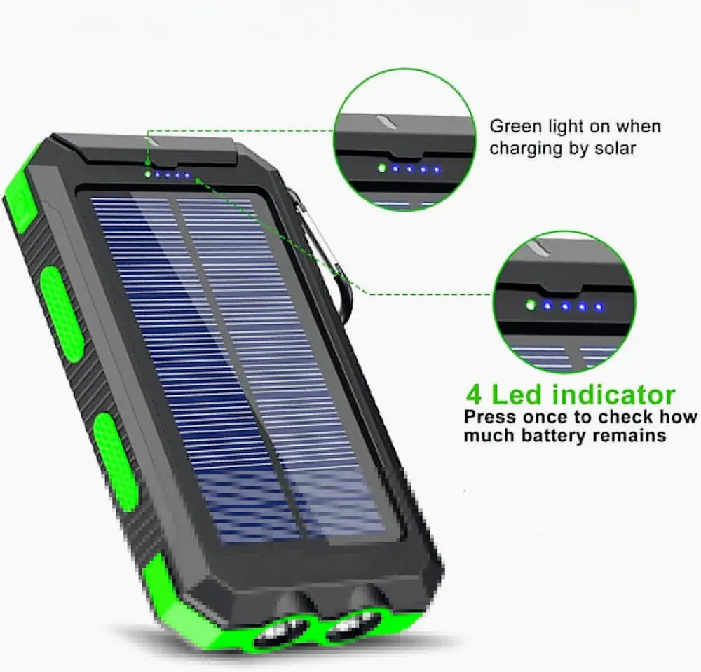 black and green rugged solar power bank 20000mAh portable charger with built-in led indicator for battery level and solar charging capability