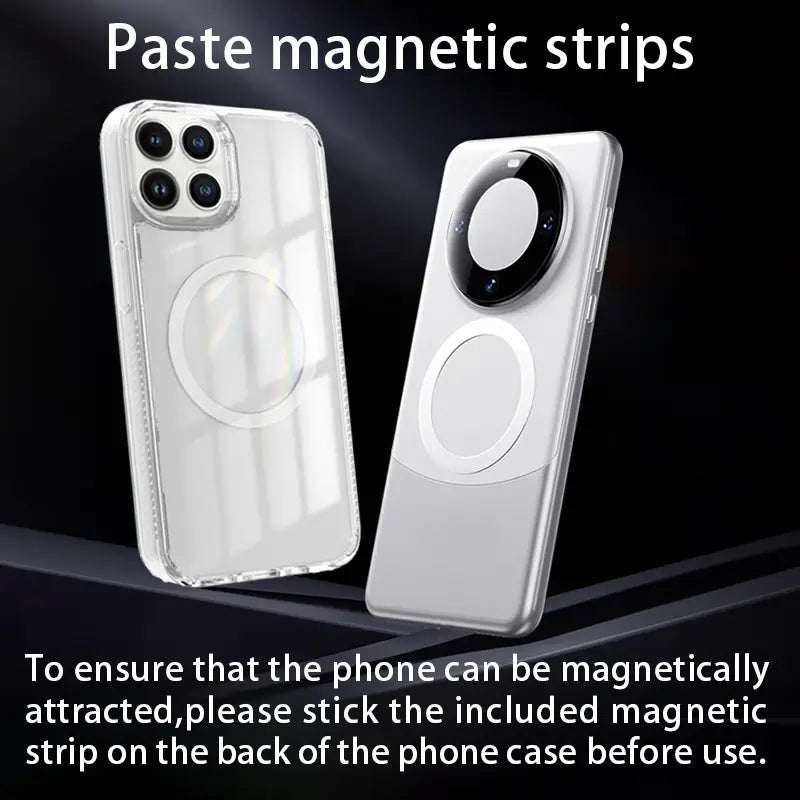 Support de téléphone pour voiture réglable pour tableau de bord, navigation, montrant le dos d’une coque de téléphone magnétique transparente avec une bande magnétique circulaire conçue pour la compatibilité avec la charge sans fil