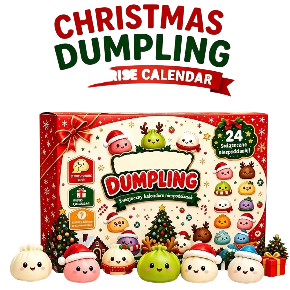 Front view of a red and green christmas dumpling surprise calendar box with colorful festive cartoon dumplings designs