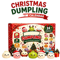 Front view of a red and green christmas dumpling surprise calendar box with colorful festive cartoon dumplings designs
