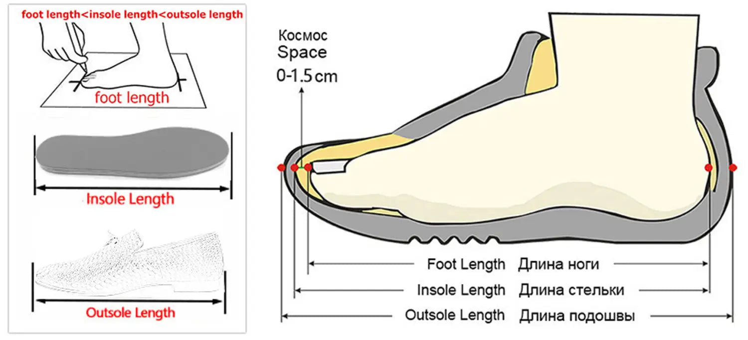 diagramme de mesure des baskets de marche décontractées antidérapantes pour hommes en gris et beige, avec dimensions indiquées, en anglais et en russe