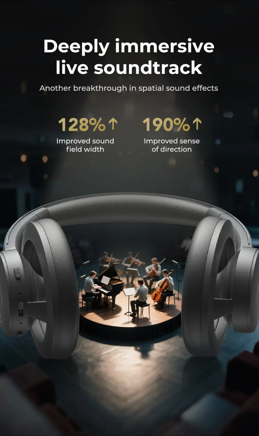 Les écouteurs sans fil supra-auriculaires htc hp06 en finition mate grise, avec des coussinets rembourrés conçus pour la réduction du bruit et une autonomie prolongée, pour une expérience audio immersive