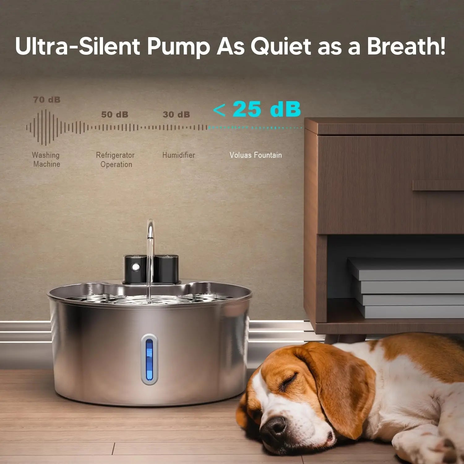 Fontaine à eau sans fil pour chat en acier inoxydable, avec un design cylindrique élégant et un indicateur à DEL bleue pour une hydratation continue.